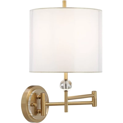 Possini Euro Design Kohle Modern Swing Arm Wall Lamp Polished Brass Plug-in Light Fixture White Inner Sheer Outer Drum Shade For Bedroom Bedside House - Image 5